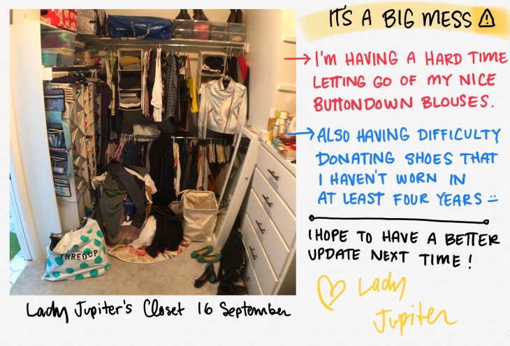 September closet update! It's a big mess right now because I am trying to organize before fully purging things. So many things simply aren't worn anymore because I don't need professional clothes, and won't realistically need any for a long time (not regularly anyway). #progressphotos #mycloset #updates #organization #inprogress