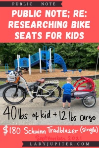 Finding the right bike seat for your kid is tough - and I spent a lot of time finding the right products for us. Here's what I found, and some of what we've used! #LadyJupiter #PublicNote #ResearchNotes #RidingWithKids #KidsOnBikes #Schwinn
