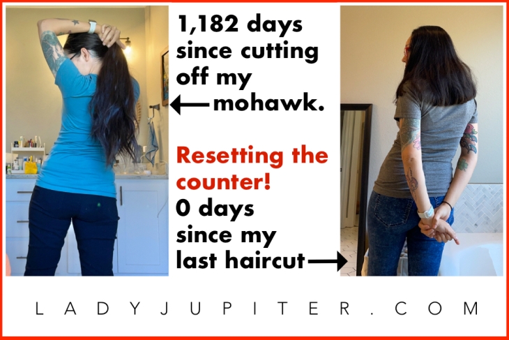 1,182 days of hair growth since cutting off my mohawk! And now the counter is reset. Last haircut was September 2022. #LadyJupiter #growingoutamohawk #haircuts #WatchMyHairGrow #tracking #updates